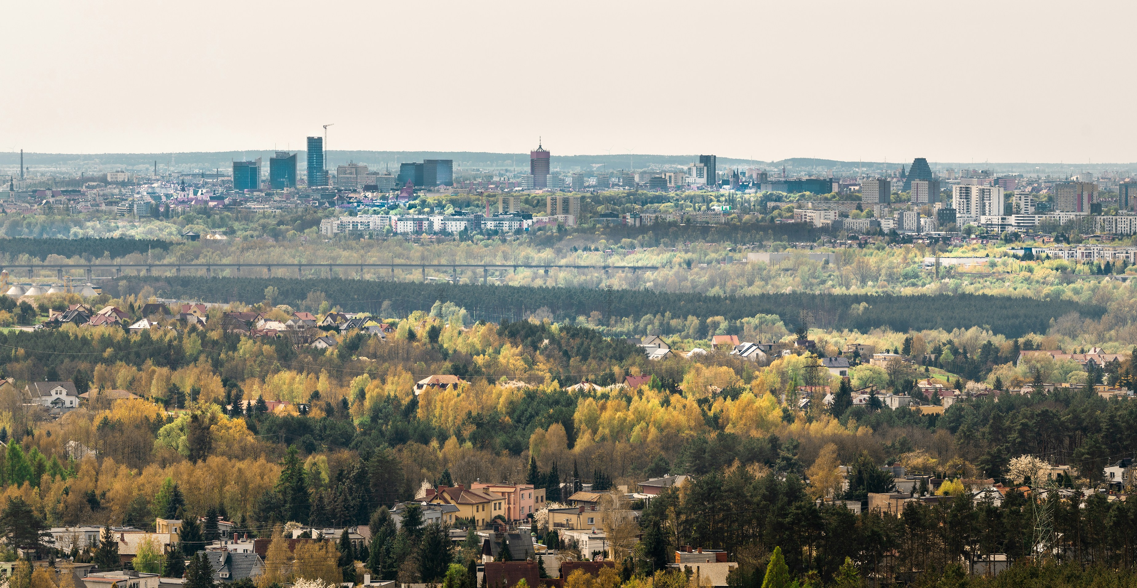 a view of a city with a bridge in the distance