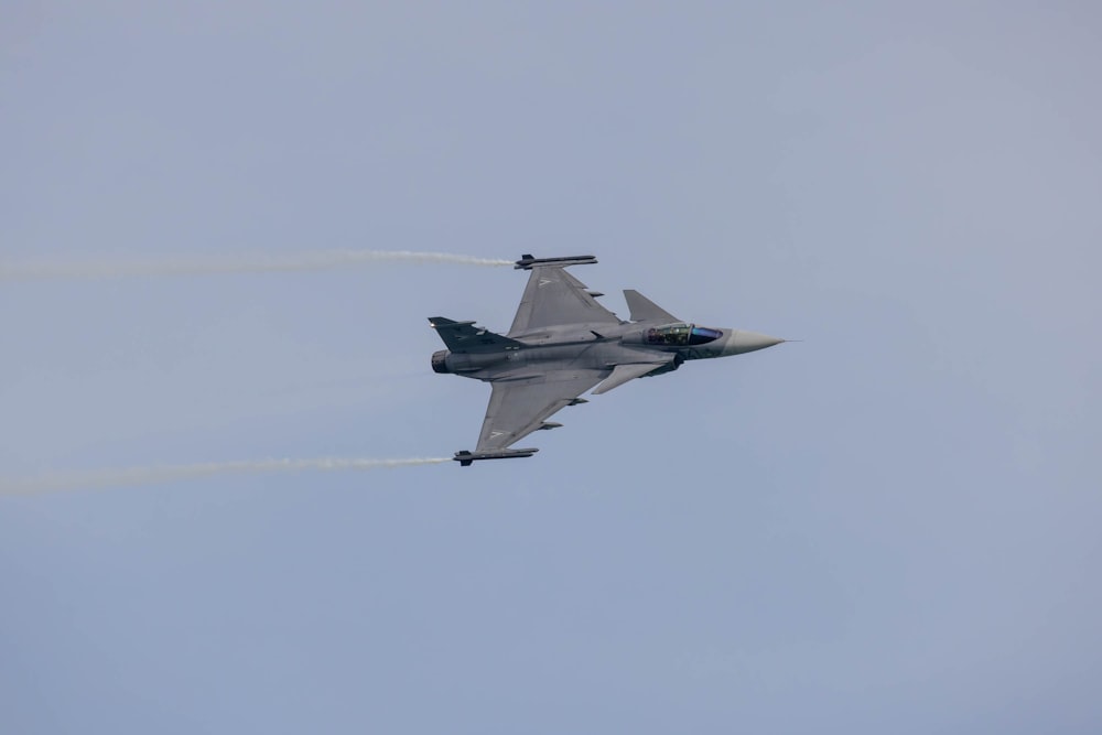un jet da combattimento che vola attraverso un cielo blu