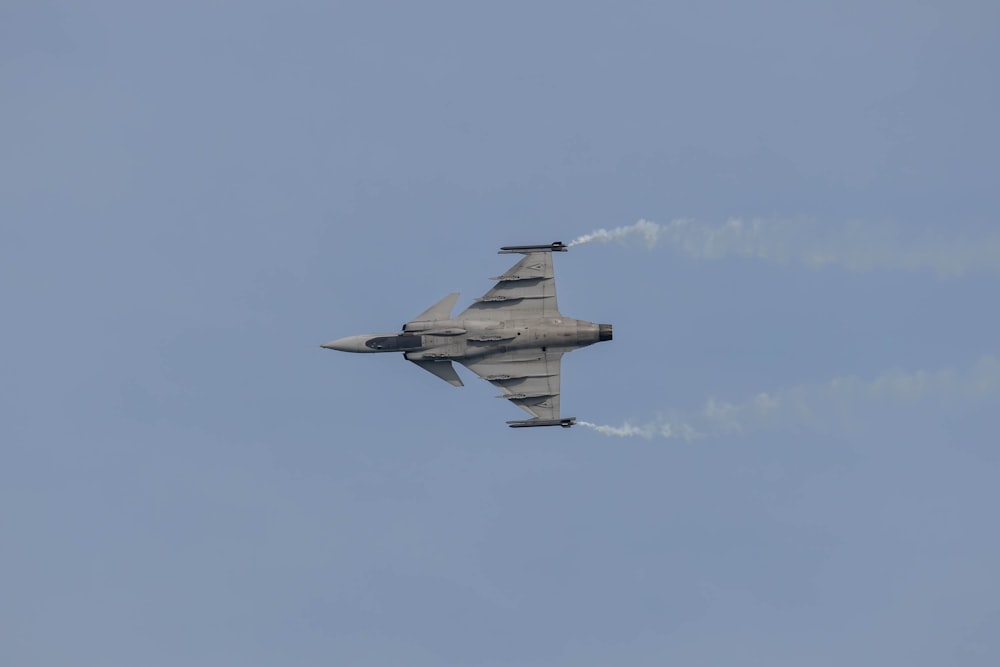 un jet da combattimento che vola attraverso un cielo blu