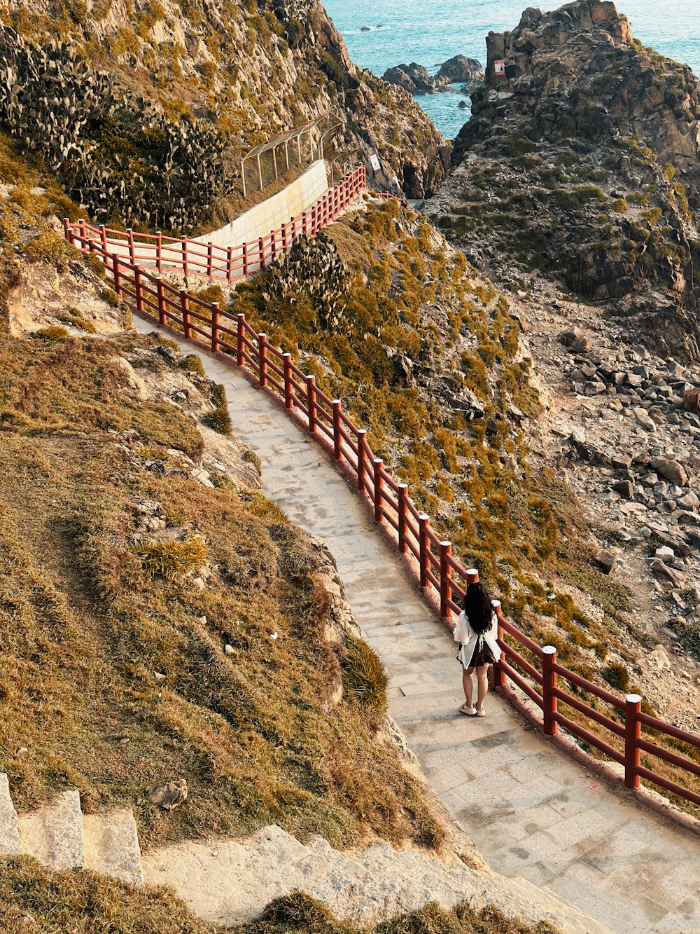 a woman walking down a path next to the ocean