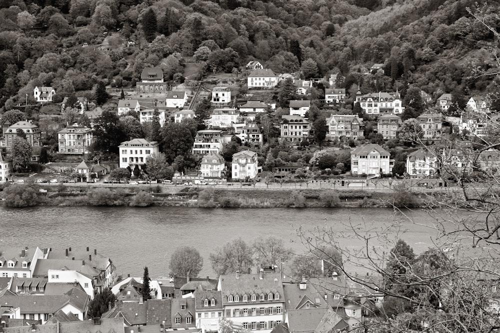 a black and white photo of a town by a river