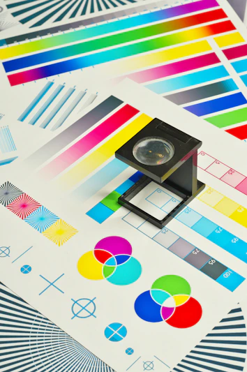 A black linen tester magnifying glass on a CMYK color calibration test chart