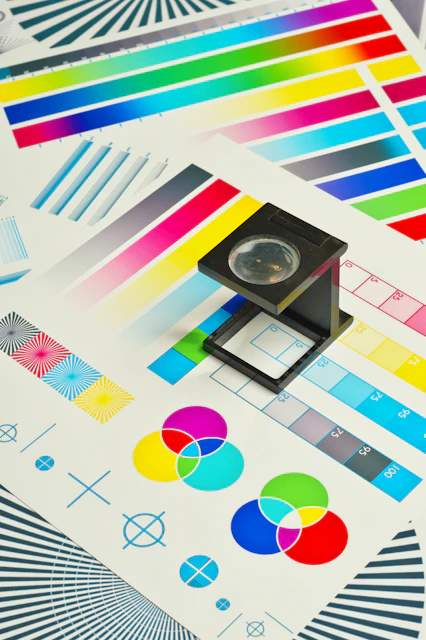 A black linen tester magnifying glass on a CMYK color calibration test chart