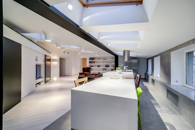 a modern kitchen with a skylight above it
