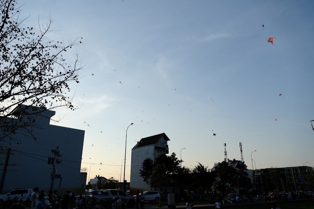 a group of people flying kites in the sky