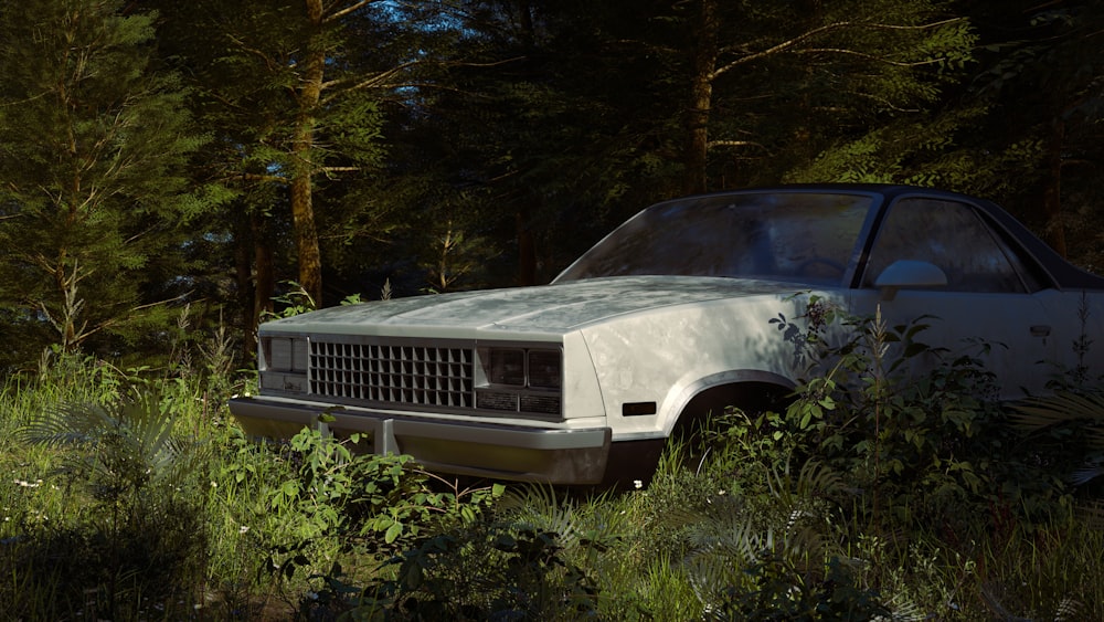 a white car parked in a field of tall grass