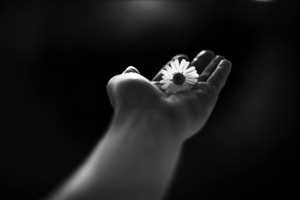 a black and white photo of a person's hand holding a flower