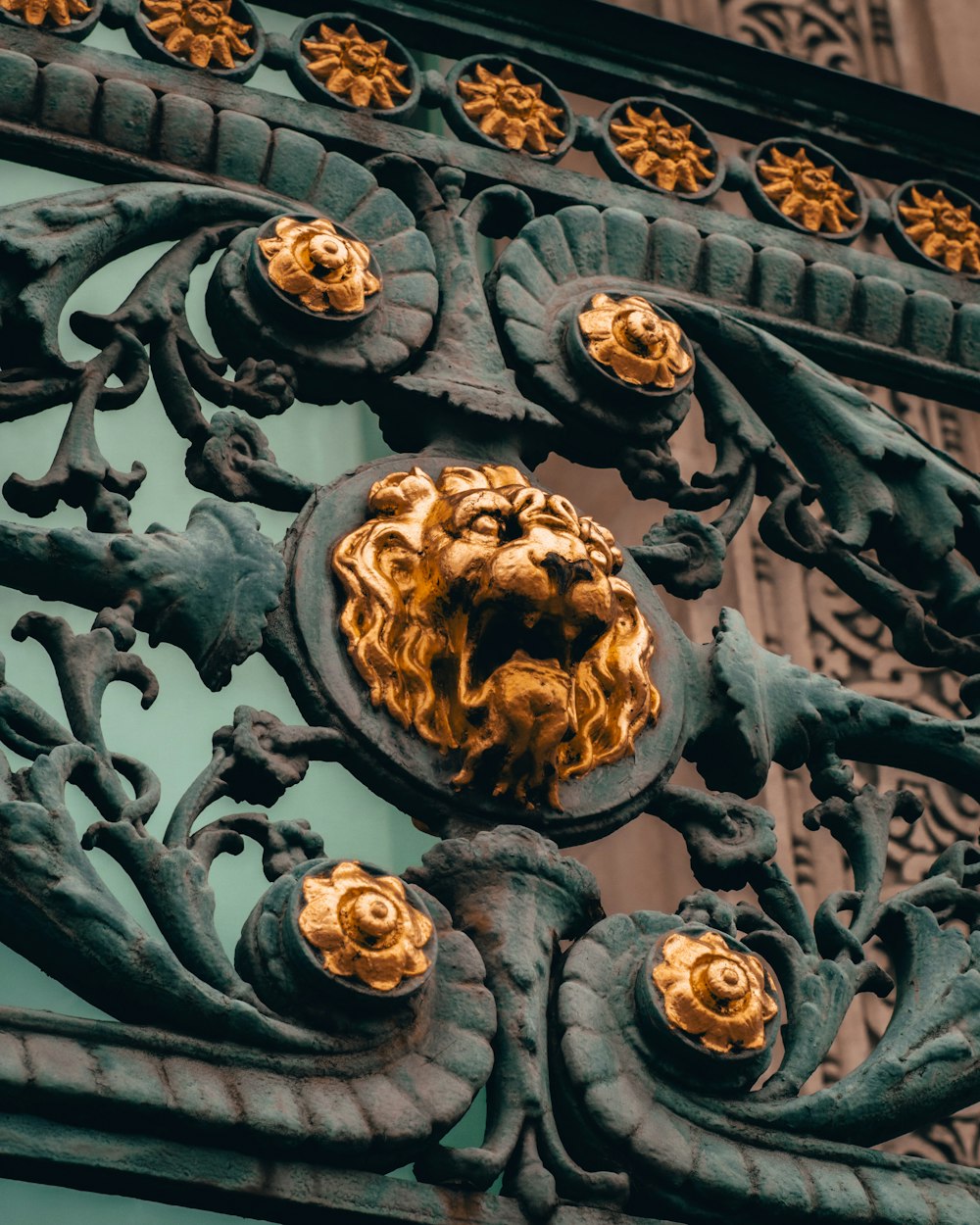 a close up of a metal gate with a lion head on it