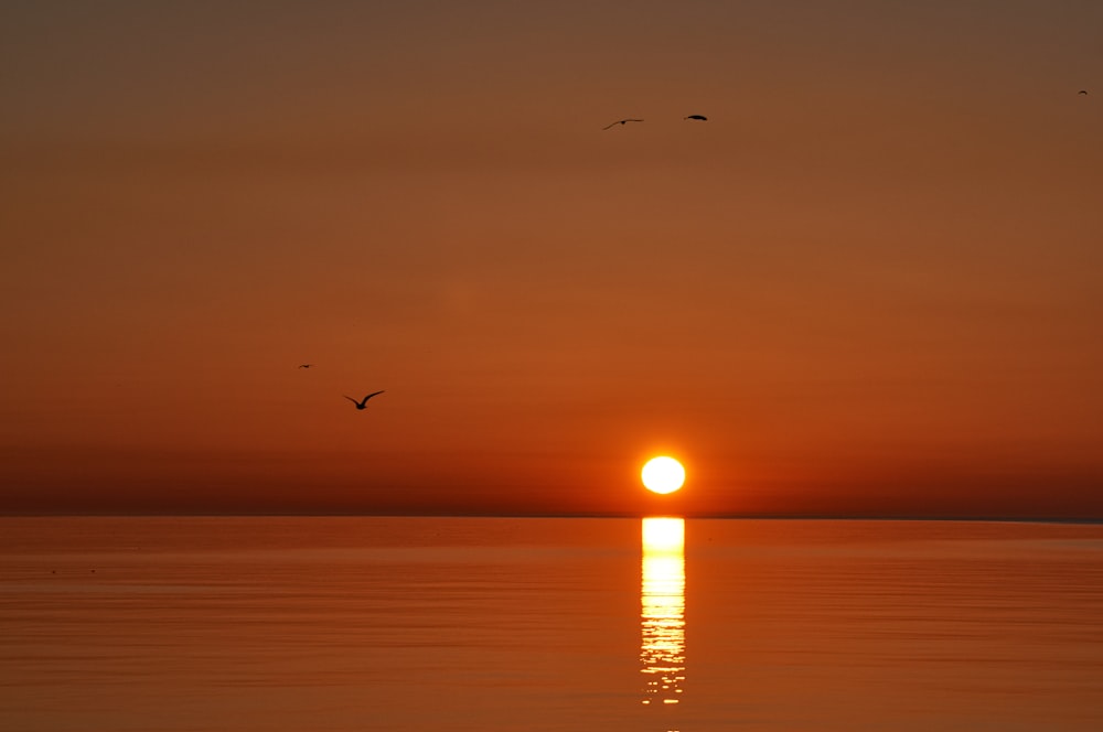 a large body of water with a sunset in the background