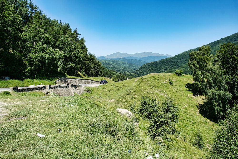 a scenic view of a grassy hill with a road going through it