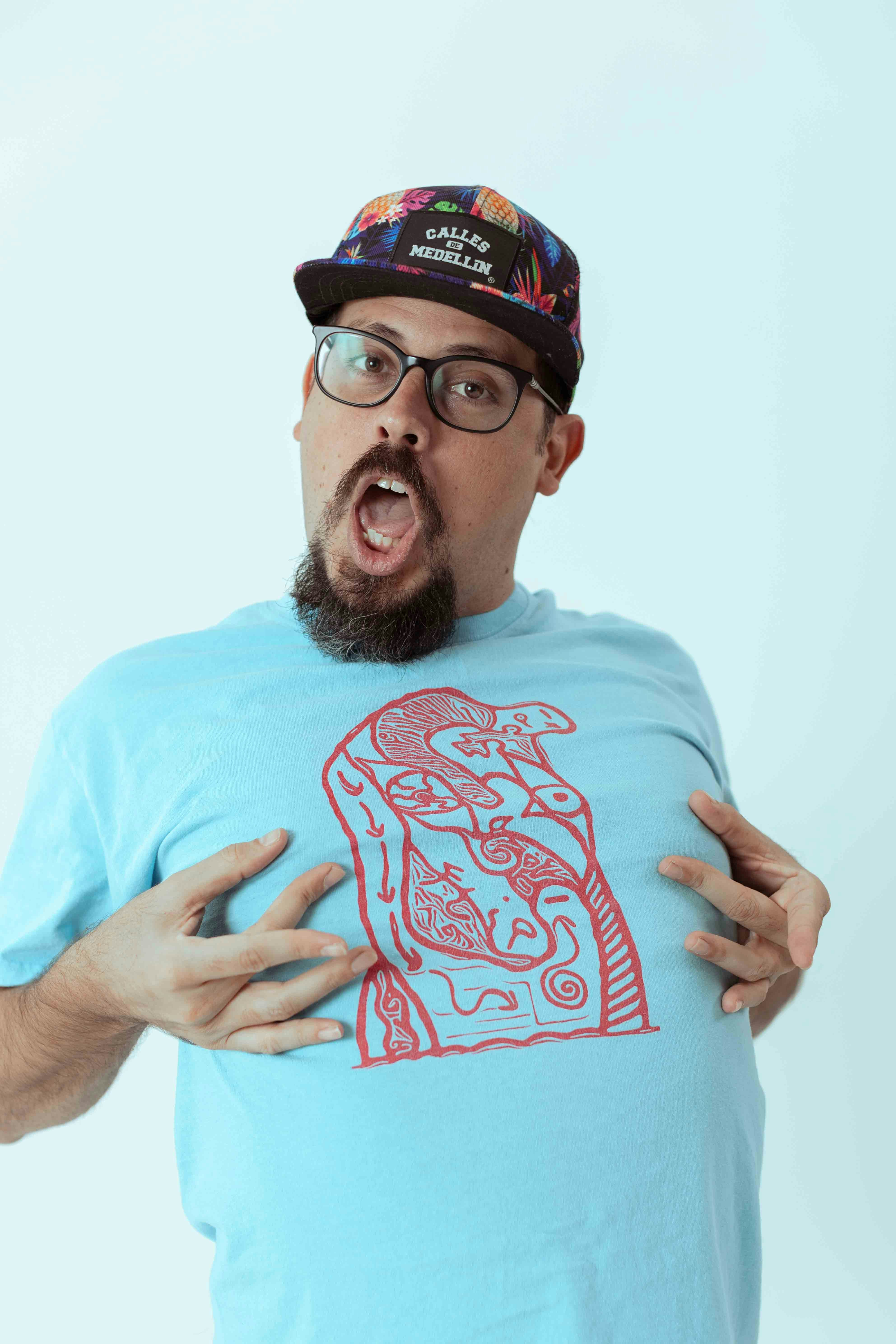 a man with a beard and glasses making a funny face