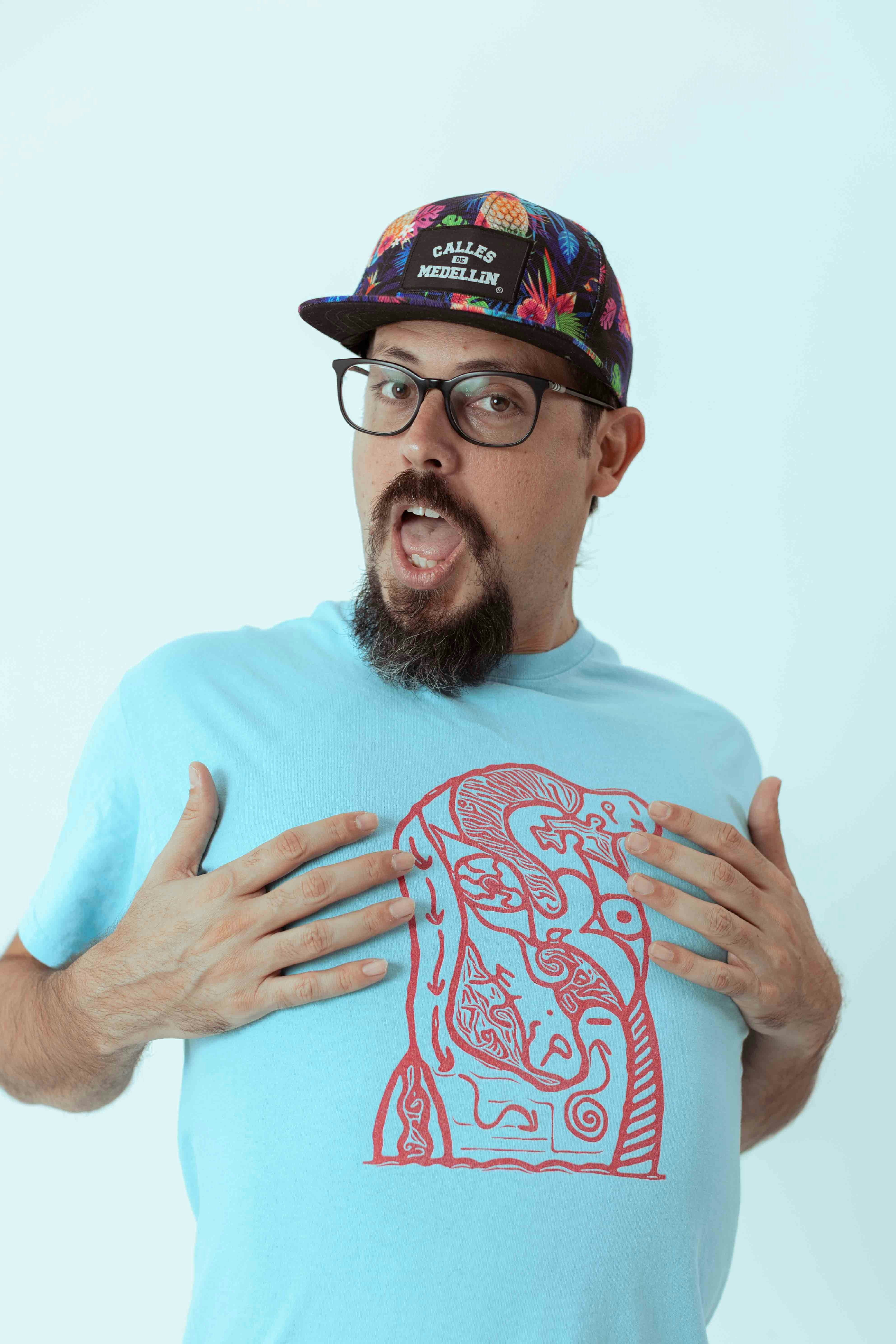 a man with a beard and glasses making a face