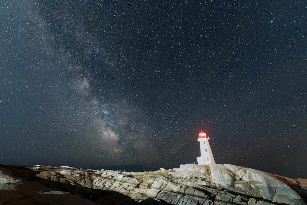 a lighthouse on a rocky outcropping under a night sky filled with stars