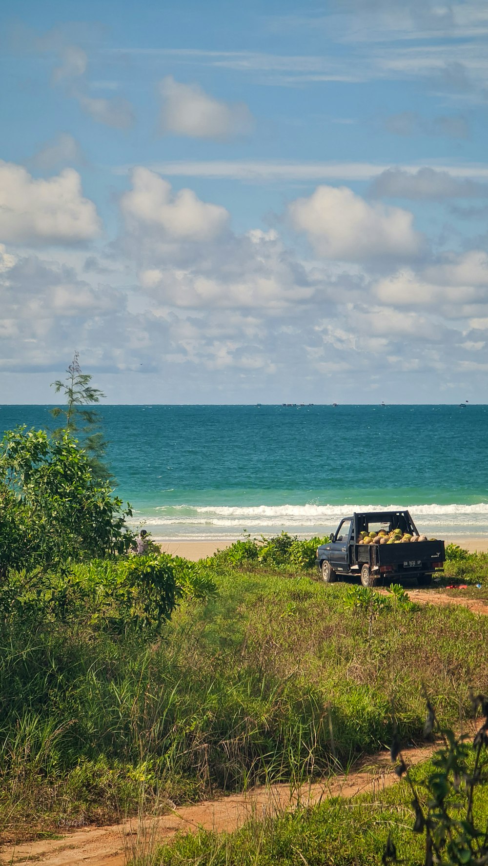 a truck parked on the side of a beach