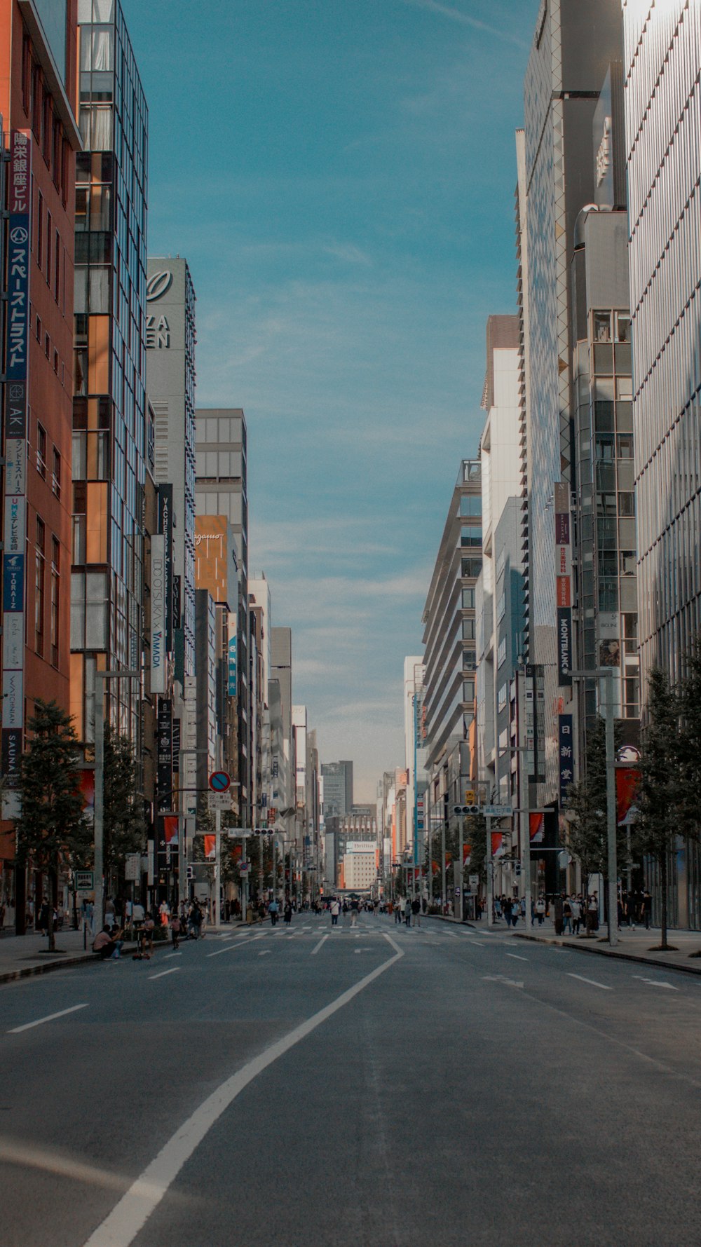 a city street lined with tall buildings and tall buildings