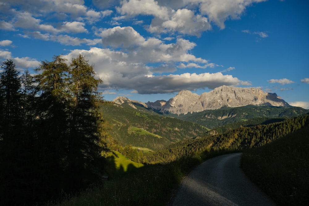 a scenic view of mountains and a road