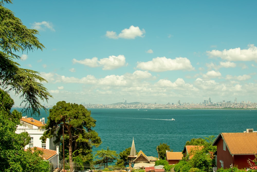 a view of a body of water with a city in the background