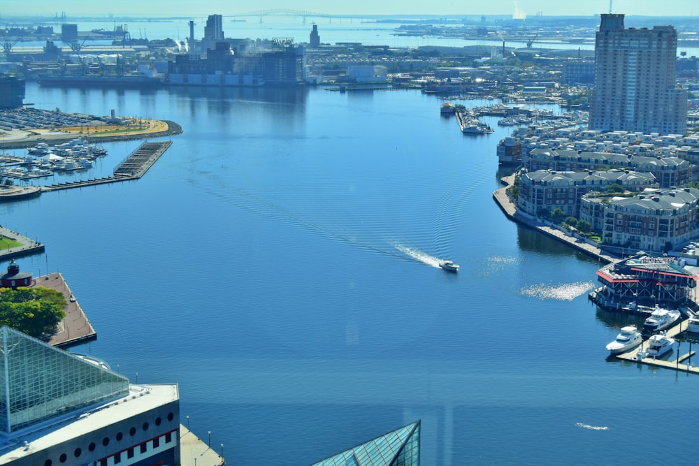 an aerial view of a city and a harbor