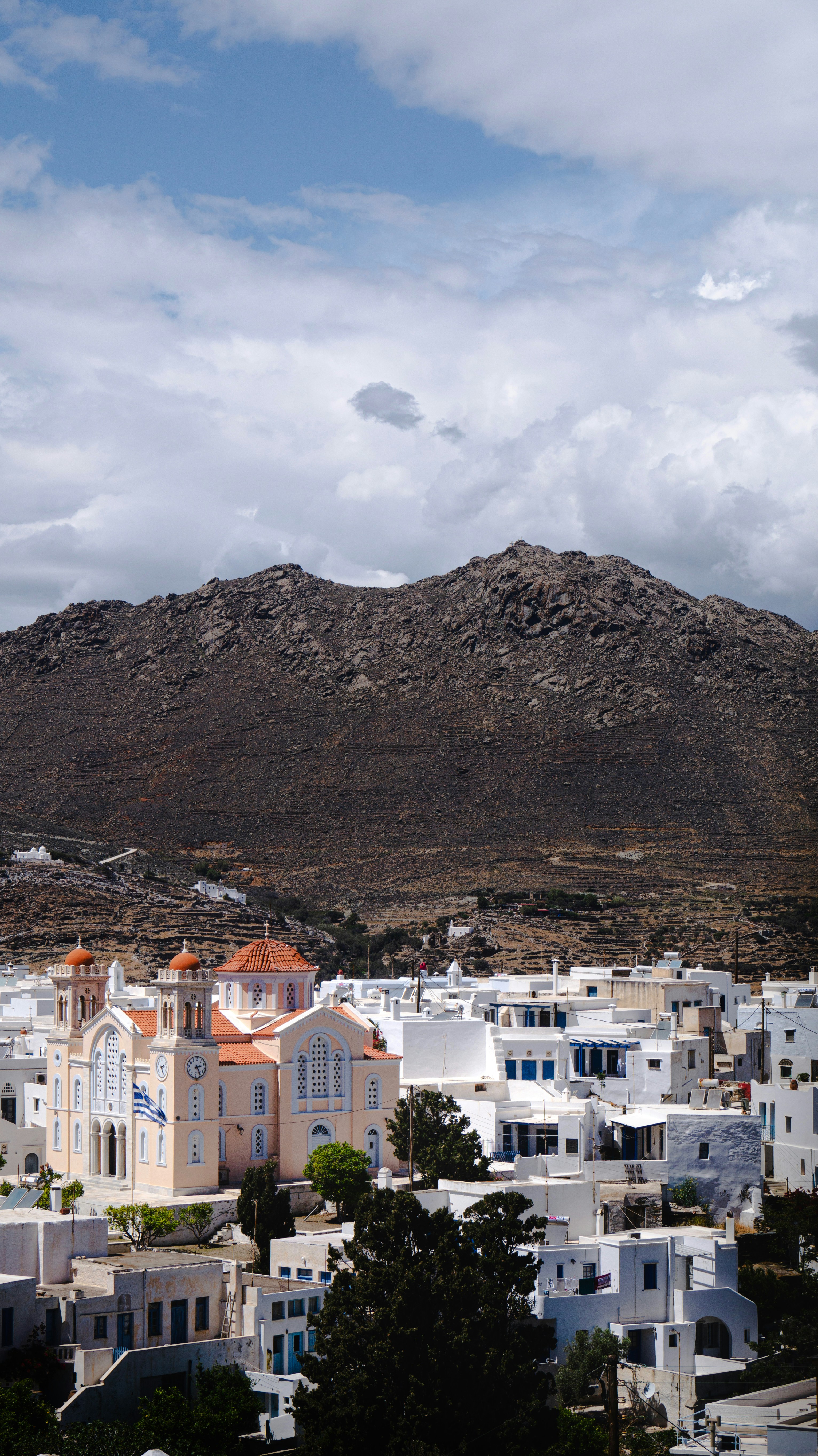 a view of a city with a mountain in the background