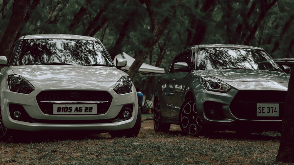 two cars parked next to each other in a forest