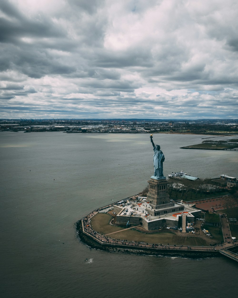 an aerial view of the statue of liberty