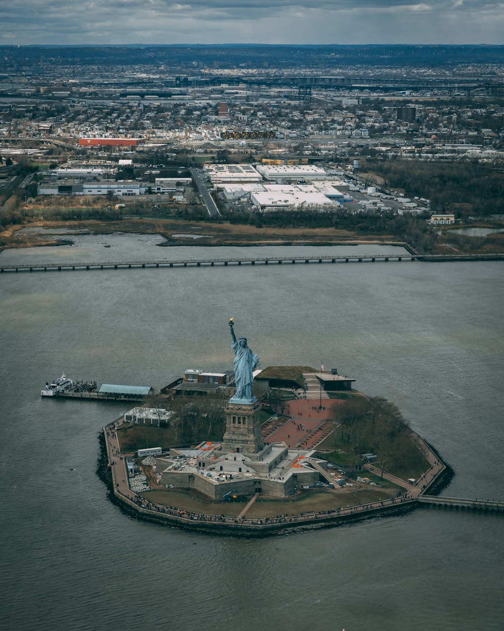 an aerial view of the statue of liberty