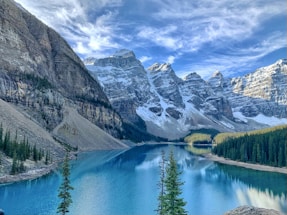 a mountain lake surrounded by snow covered mountains