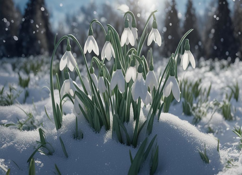 a bunch of snowdrops that are in the snow