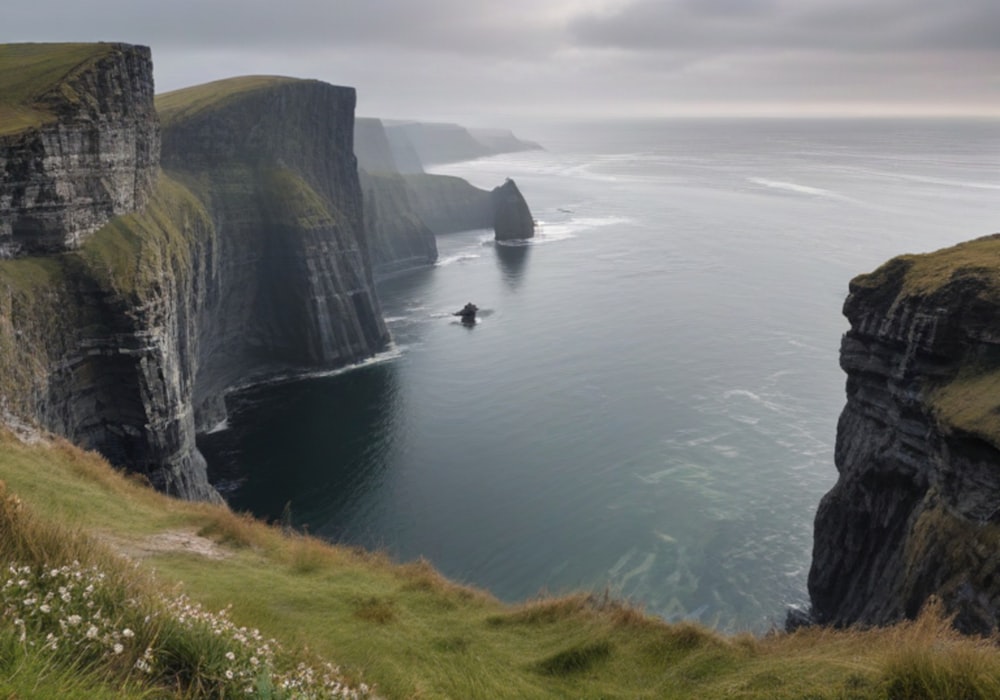 a large body of water sitting next to a lush green hillside