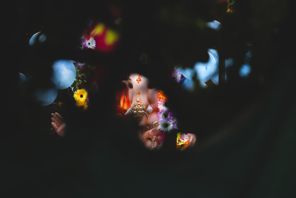 a blurry image of a woman with flowers in her hair