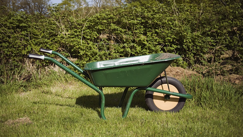 a green wheelbarrow sitting on top of a lush green field