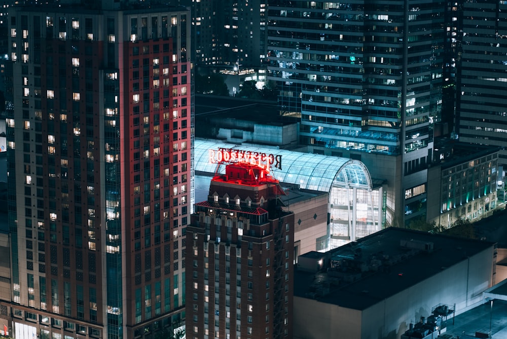 a view of a city at night from above