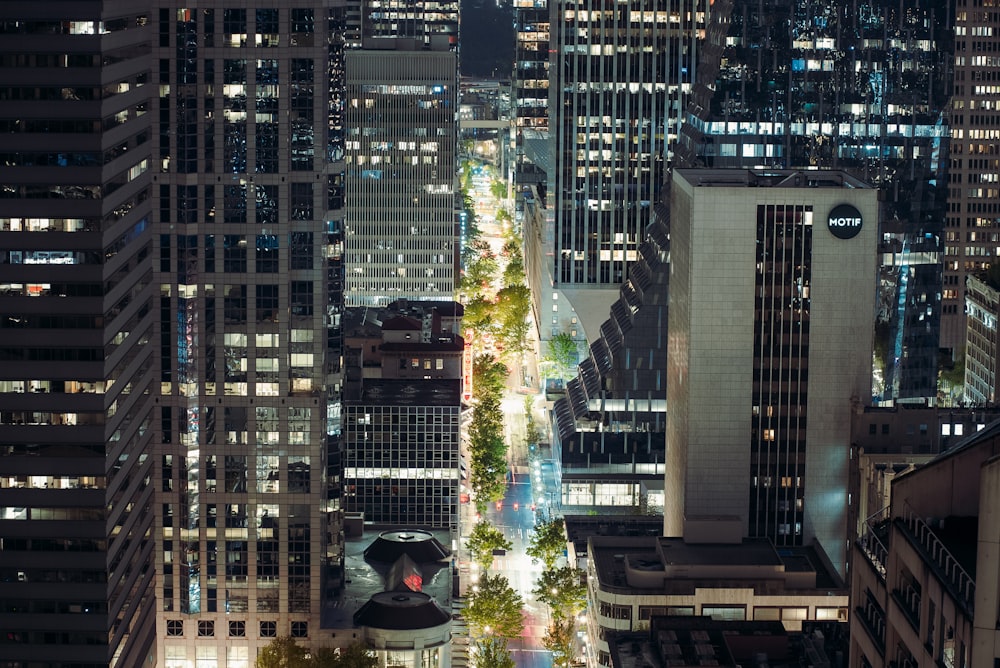 an aerial view of a city at night