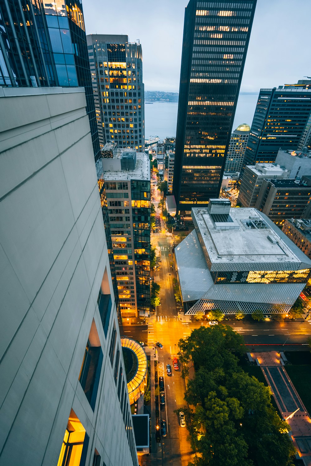 an aerial view of a city at night