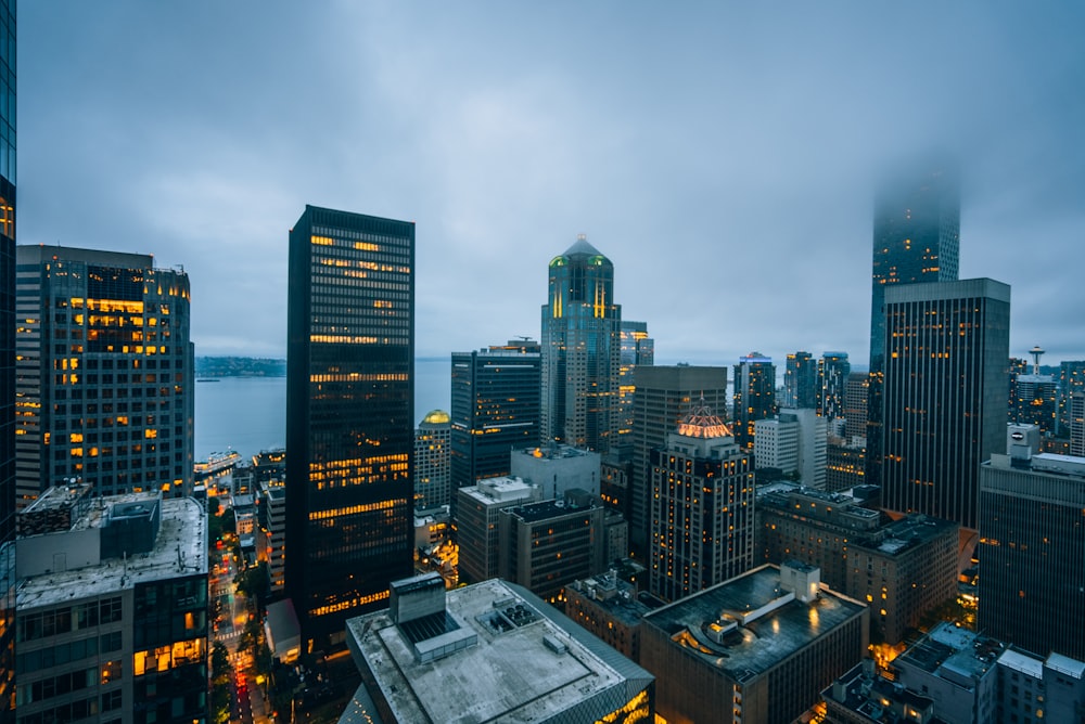 a view of a city at night from the top of a building