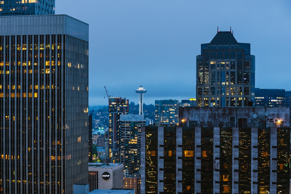 a view of a city at night from the top of a building