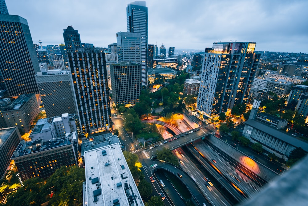 an aerial view of a city at night