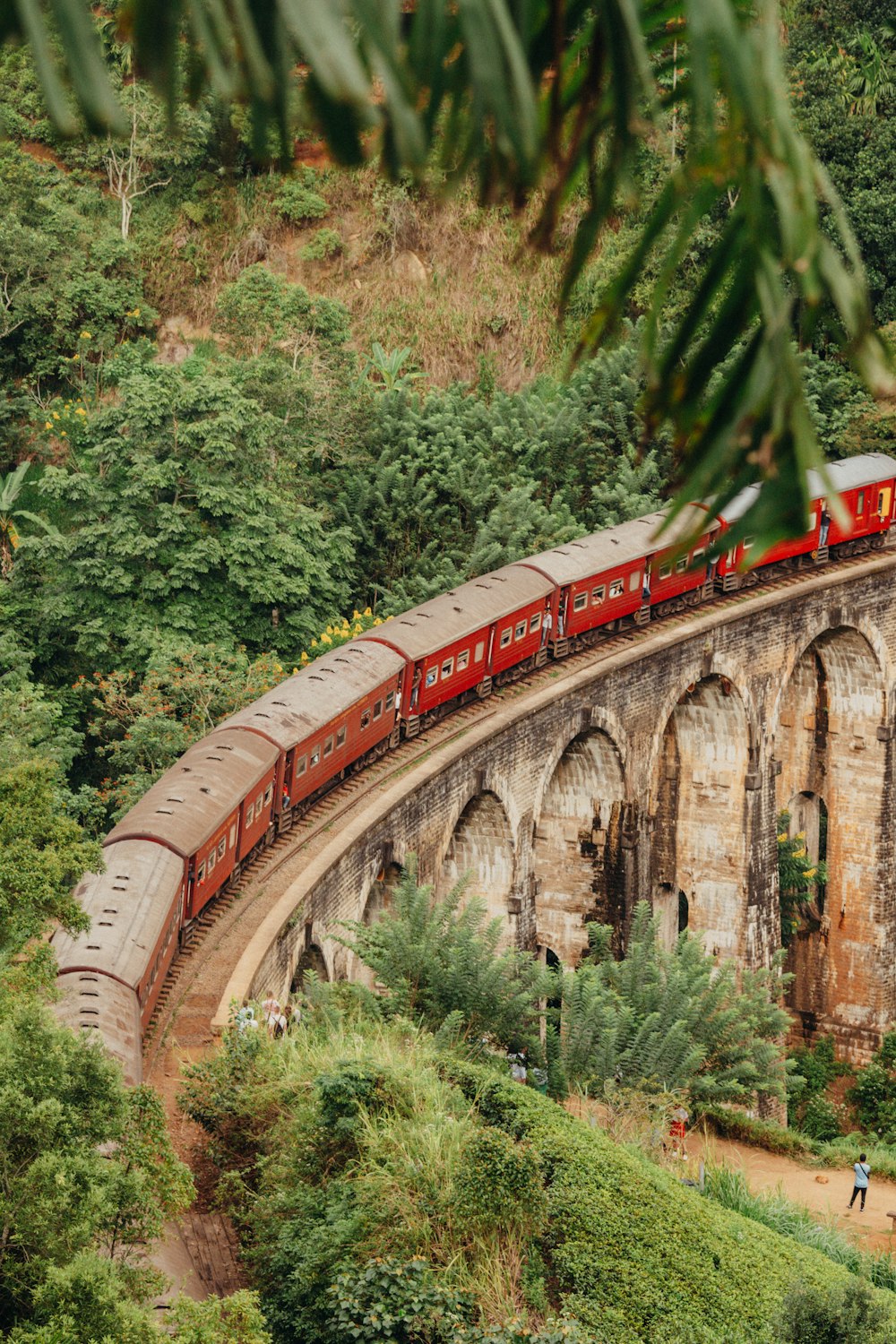 a red train traveling over a bridge in a forest