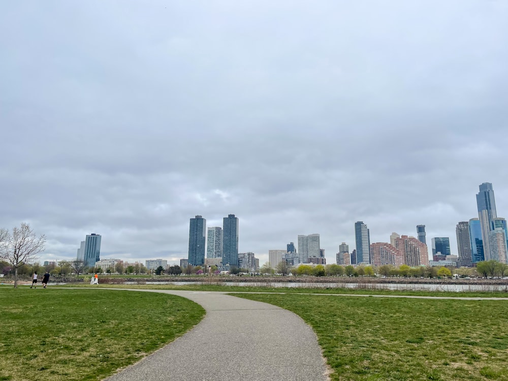 a path in a park with a city in the background