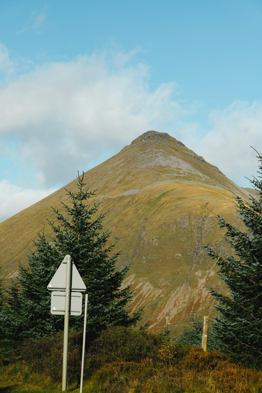 a road sign in front of a mountain