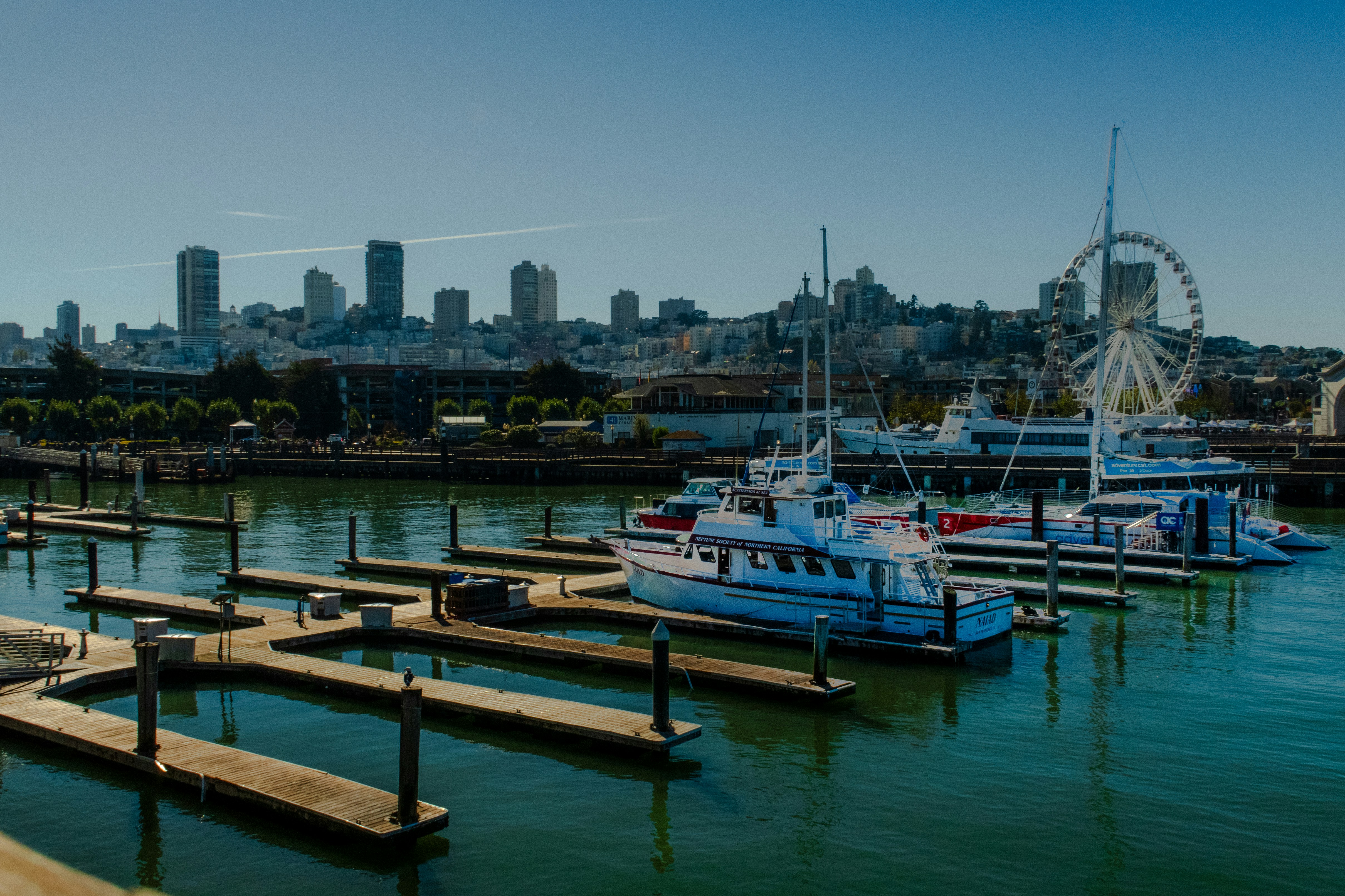 City skyline with boats on a sunny harbor