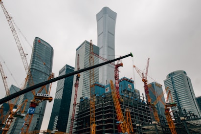 a large group of cranes standing in front of a tall building
