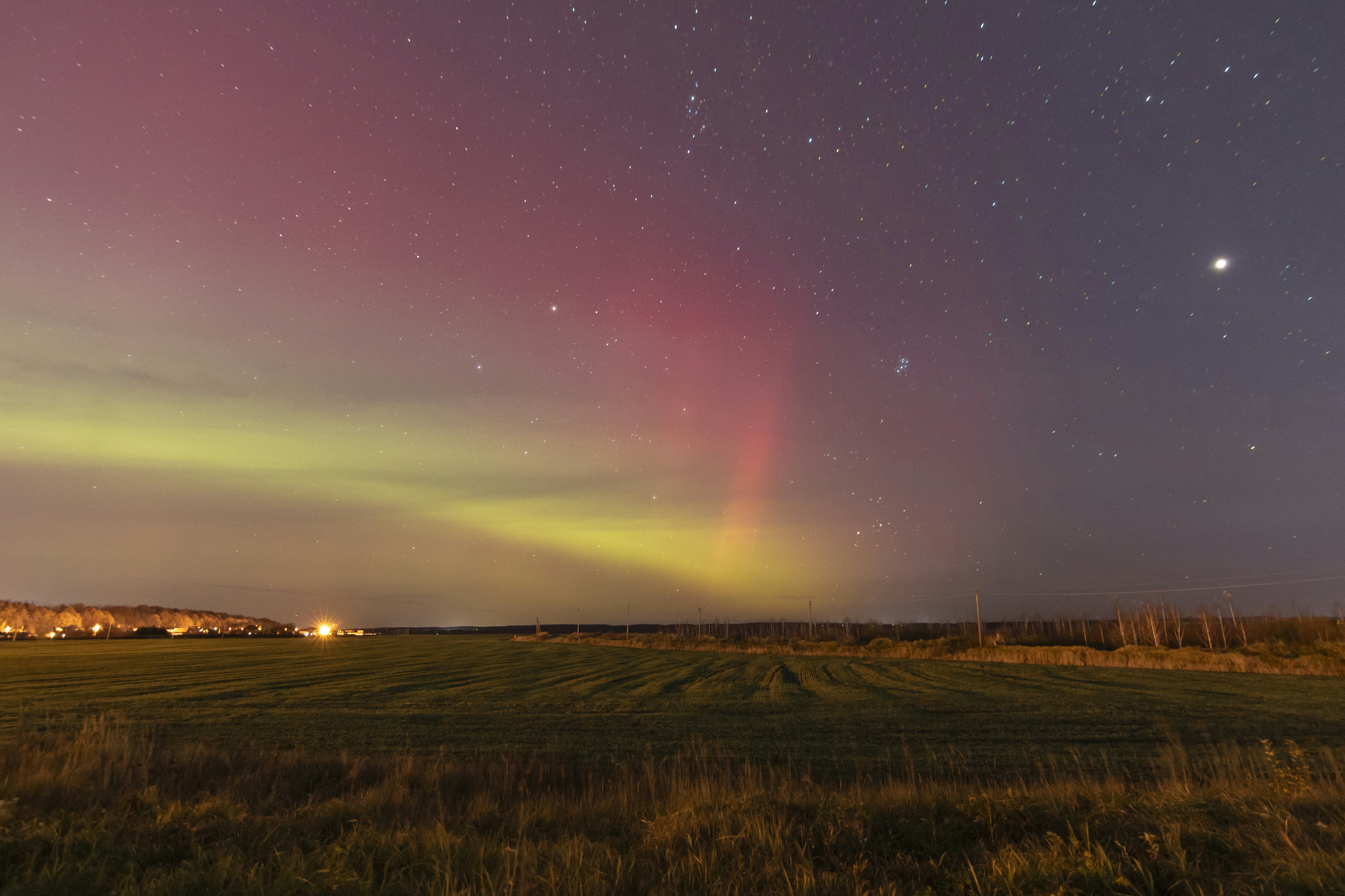 a green field with a sky full of stars