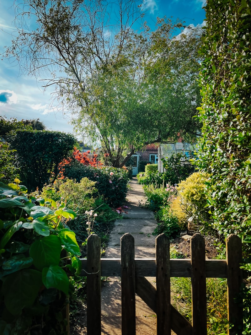Ingresso con cancello in legno verso un giardino verde