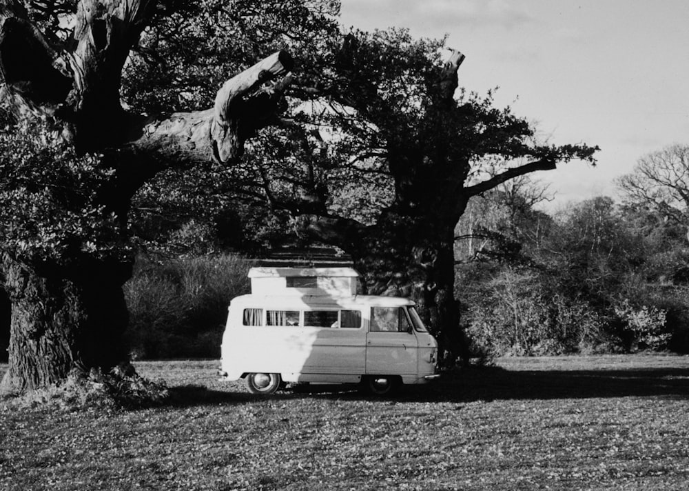 a white van parked next to a tree in a field