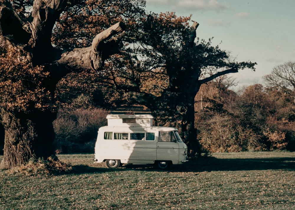 a white van parked next to a tree in a field