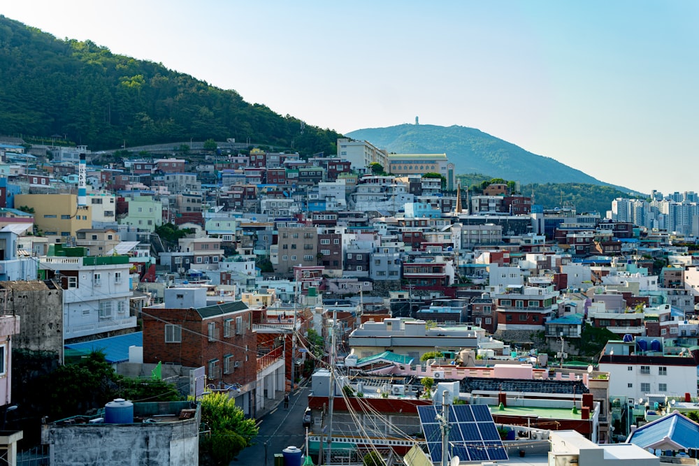 a view of a city with a mountain in the background