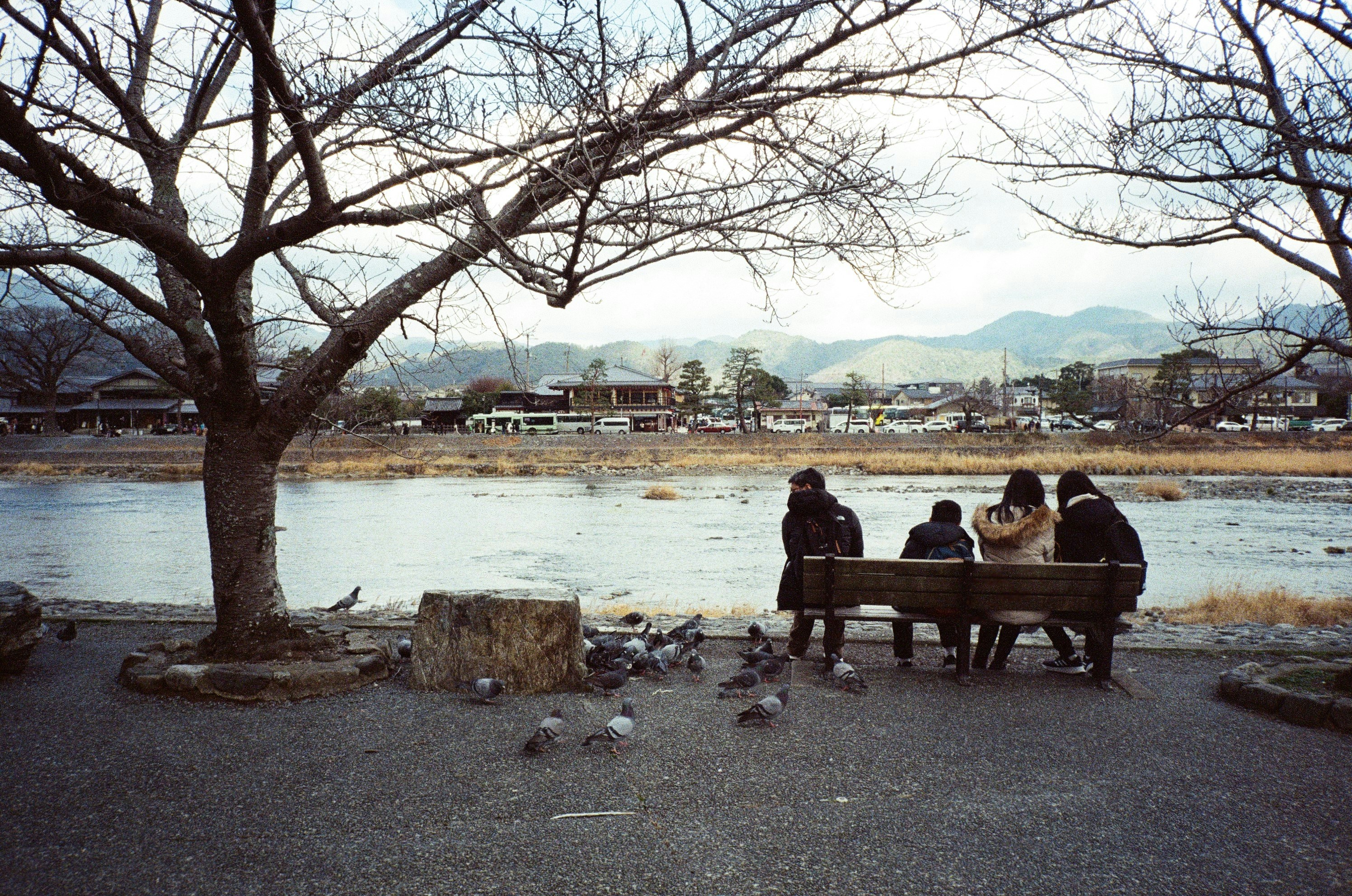 a group of people sitting on a bench next to a river, 