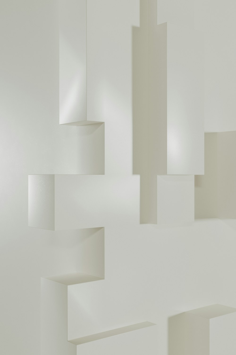 ein weißer Raum mit einem Haufen Regale an der Wand