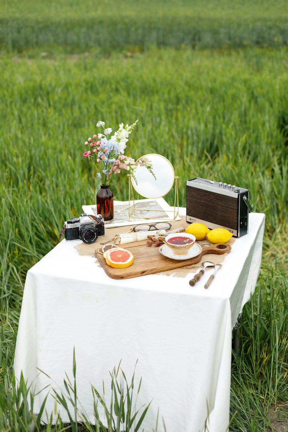 a table topped with a plate of fruit and a camera